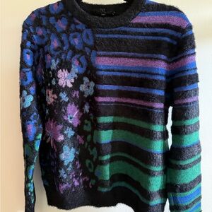 Desigual Blue and Purple Crew Neck Sweater with Vibrant Stripes